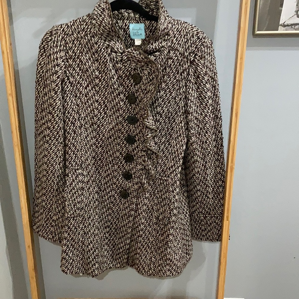 Anthropologie herringbone brown and white coat with ruffle collar detail.